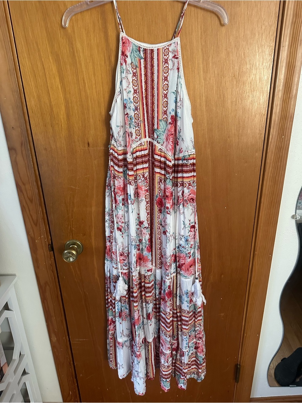 Xhilaration Boho Floral Tiered Halter Maxi Dress Tassels Size S